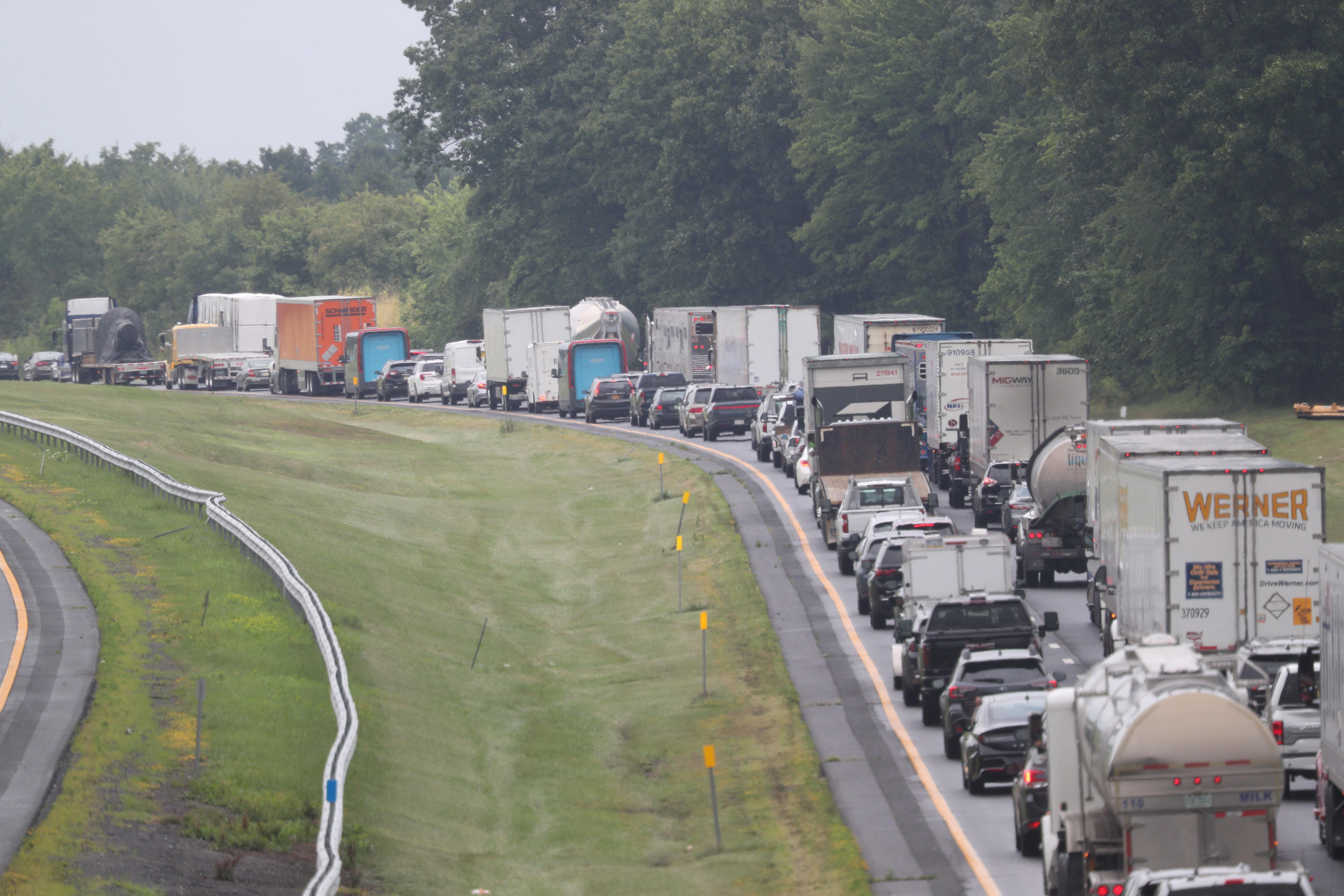 View of northbound I-87 from the Route 32 overpass in Plattekill on July 21, 2026. A tour bus rolled over on the Thruway earlier in the morning.