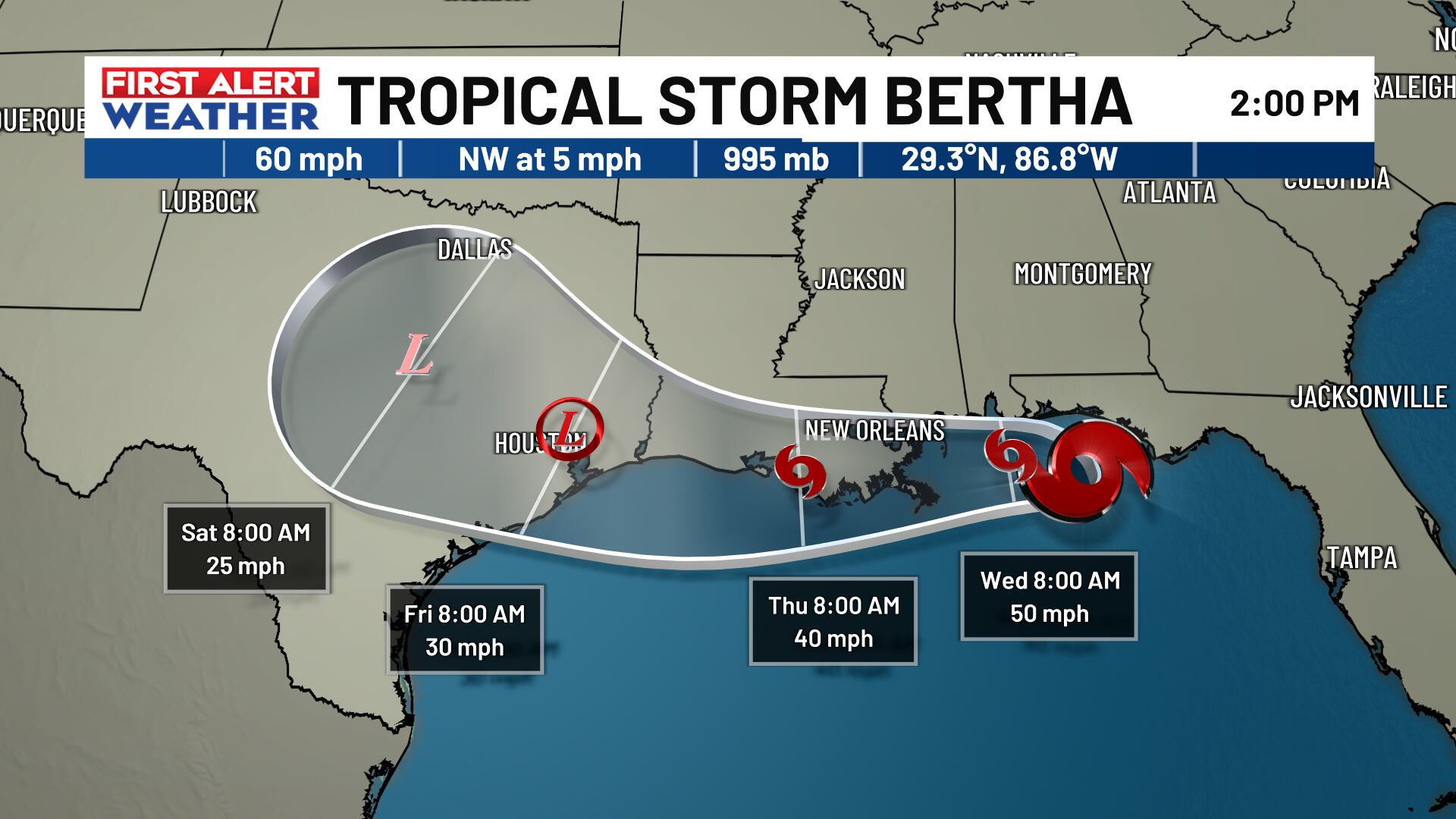 First alert weather: Tropical Storm Bertha moving through the Gulf
