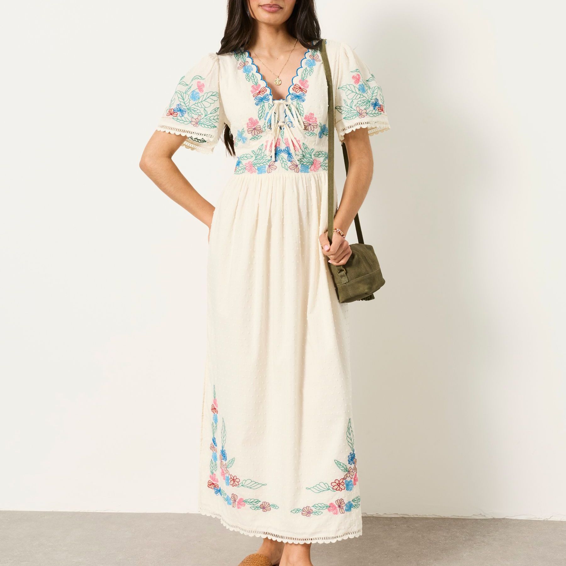 Lea Ivory Regular Embroidered Midi Dress - Size 6 S