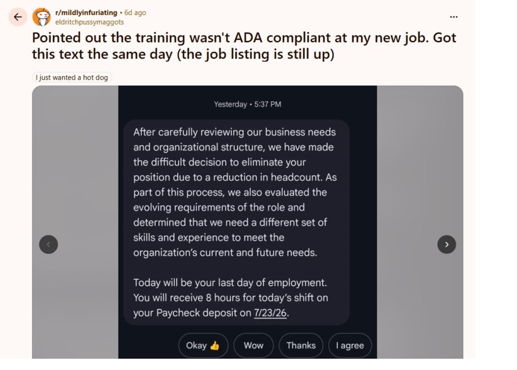 Screenshot from a Reddit post about a worker who gets dismissed on the first of a new job.