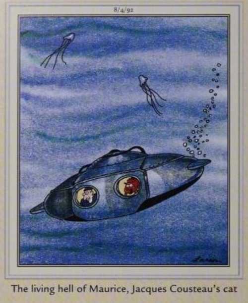 Jacques Cousteau and his cat in a submarine underwater.