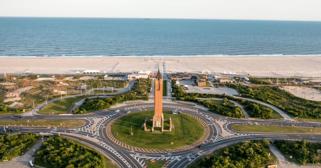 An overhead view of the obelisk-like Jones Beach Water Tower, not far from the beach.