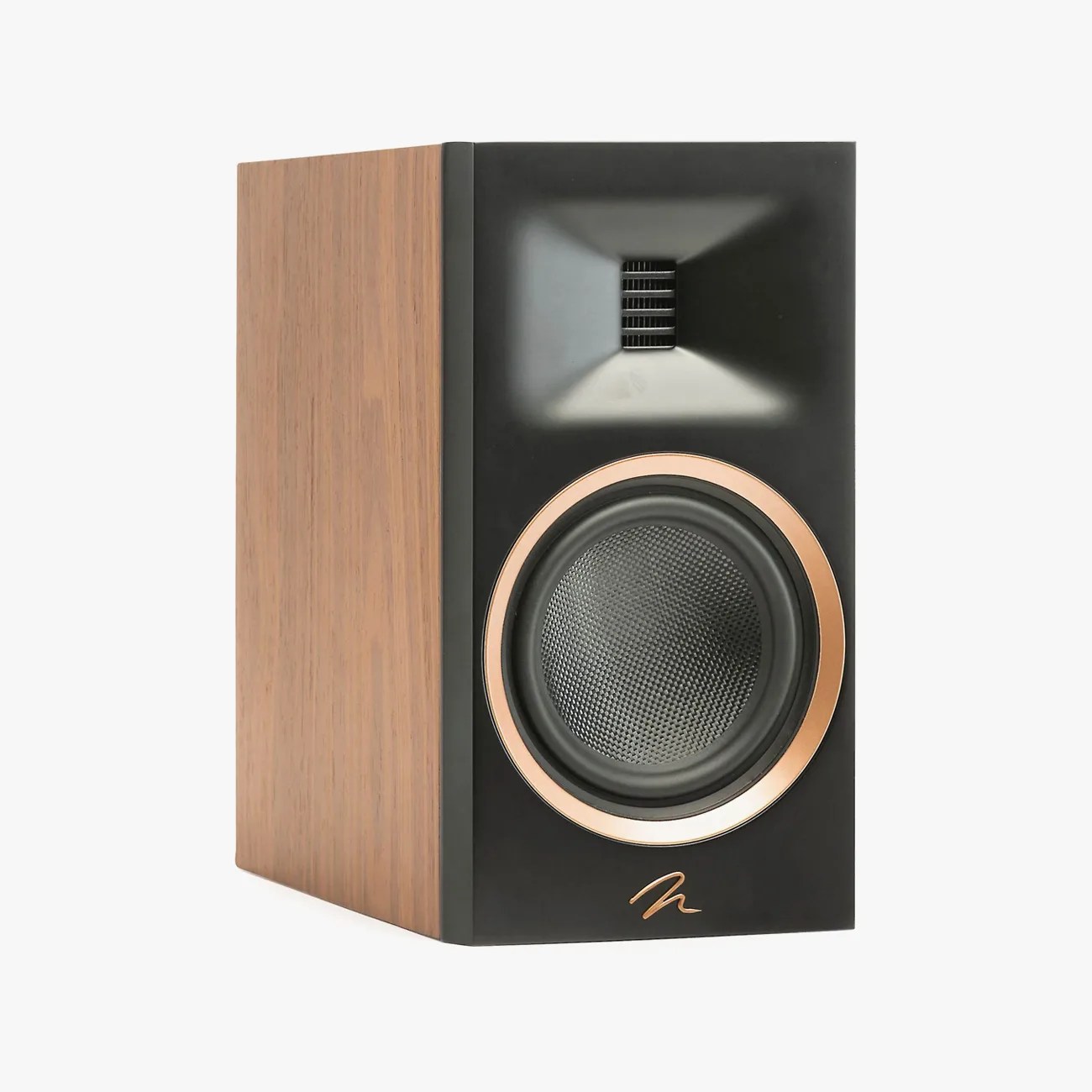 Black and wood-finish bookshelf speaker with copper ring around the woofer and a rectangular tweeter.