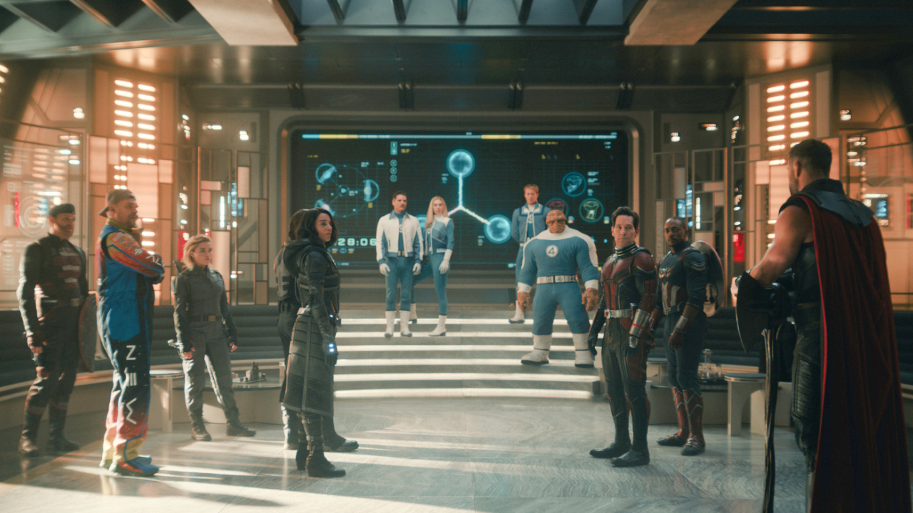 (L to R) John Walker/U.S. Agent (Wyatt Russell), Alexei/Red Guardian (David Harbour), Yelena (Florence Pugh), Bucky Barnes/Winter Soldier (Sebastian Stan), Ava/Ghost (Hannah John-Kamen), Reed Richards/Mister Fantastic (Pedro Pascal), Sue Storm/Invisible Woman (Vanessa Kirby), Johnny Storm/Human Torch (Joseph Quinn), Ben Grimm/The Thing (Ebon Moss-Bachrach), Scott Lang/Ant-Man (Paul Rudd), Sam Wilson/Captain America (Anthony Mackie), and Thor (Chris Hemsworth) in Marvel's 'Avengers: Doomsday'. Photo courtesy of Marvel. © 2026 Marvel. All Rights Reserved.