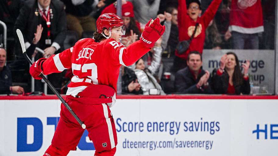 Moritz Seider celebrates a goal against Calgary. Credit: Tim Fuller-Imagn Images