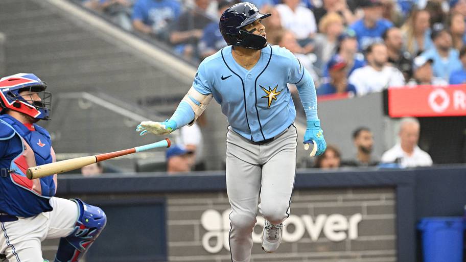 Tampa Bay Rays right fielder Victor Mesa Jr. (25) hits a solo home run against the Toronto Blue Jays.