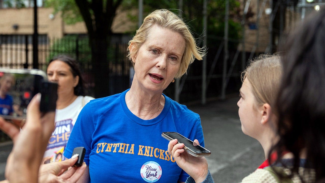 Actress Cynthia Nixon speaks to reporters.