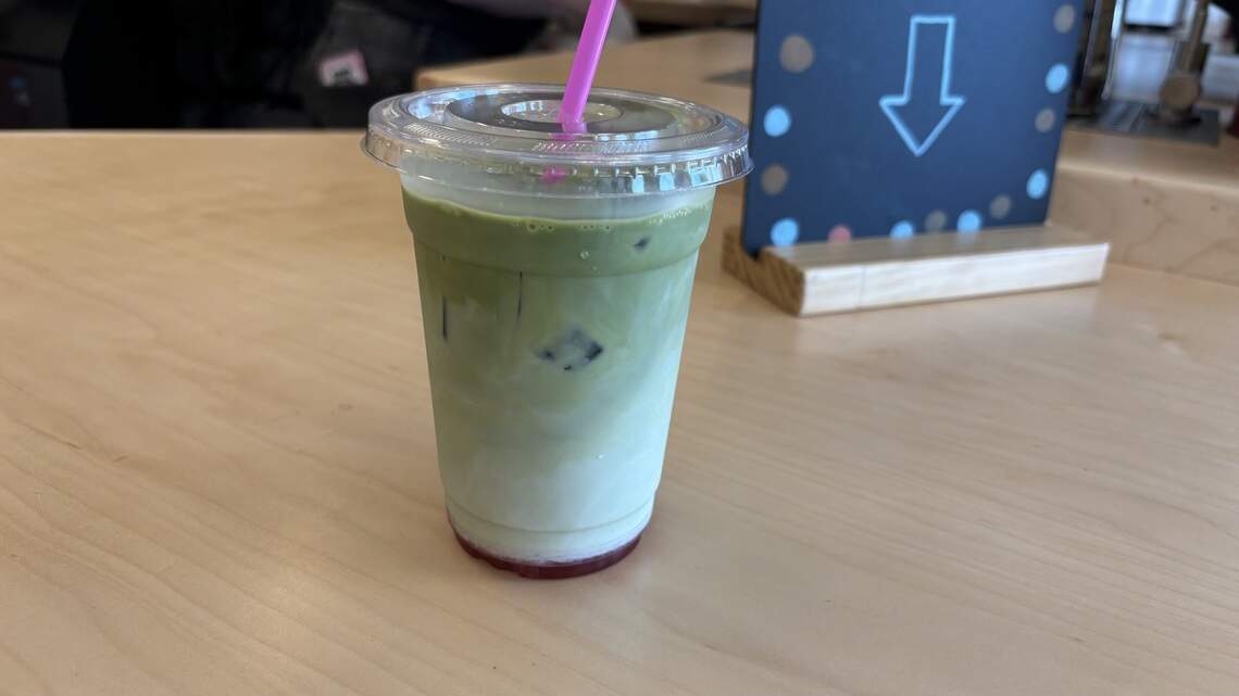 A raspberry matcha is seen here at Dot’s Spot Coffee & Treats on July 13, 2026. The coffee shop opened in Cayucos on Tuesday, July 14, 2026, serving Joebella Coffee and pastries from MamaBirds Bakery.