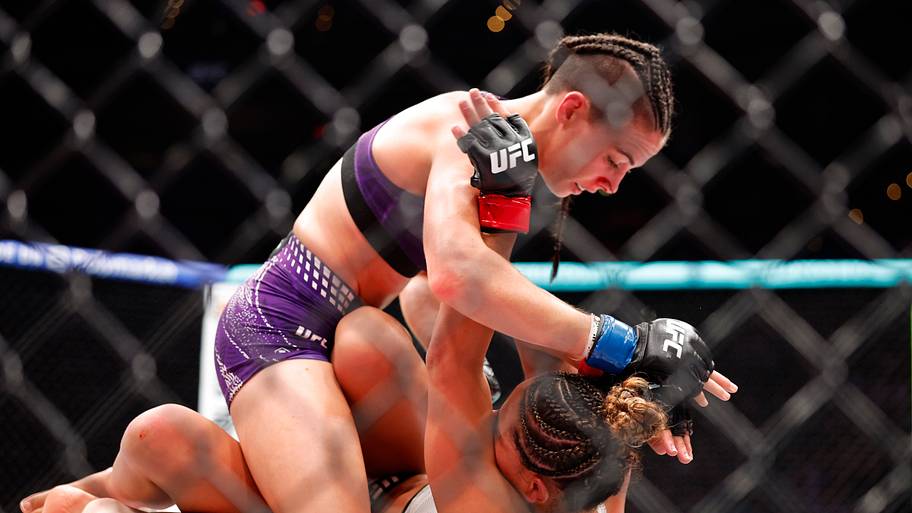 Tabatha Ricci (red gloves) fights Fatima Kline (blue gloves) during UFC Fight Night at Paycom Center.