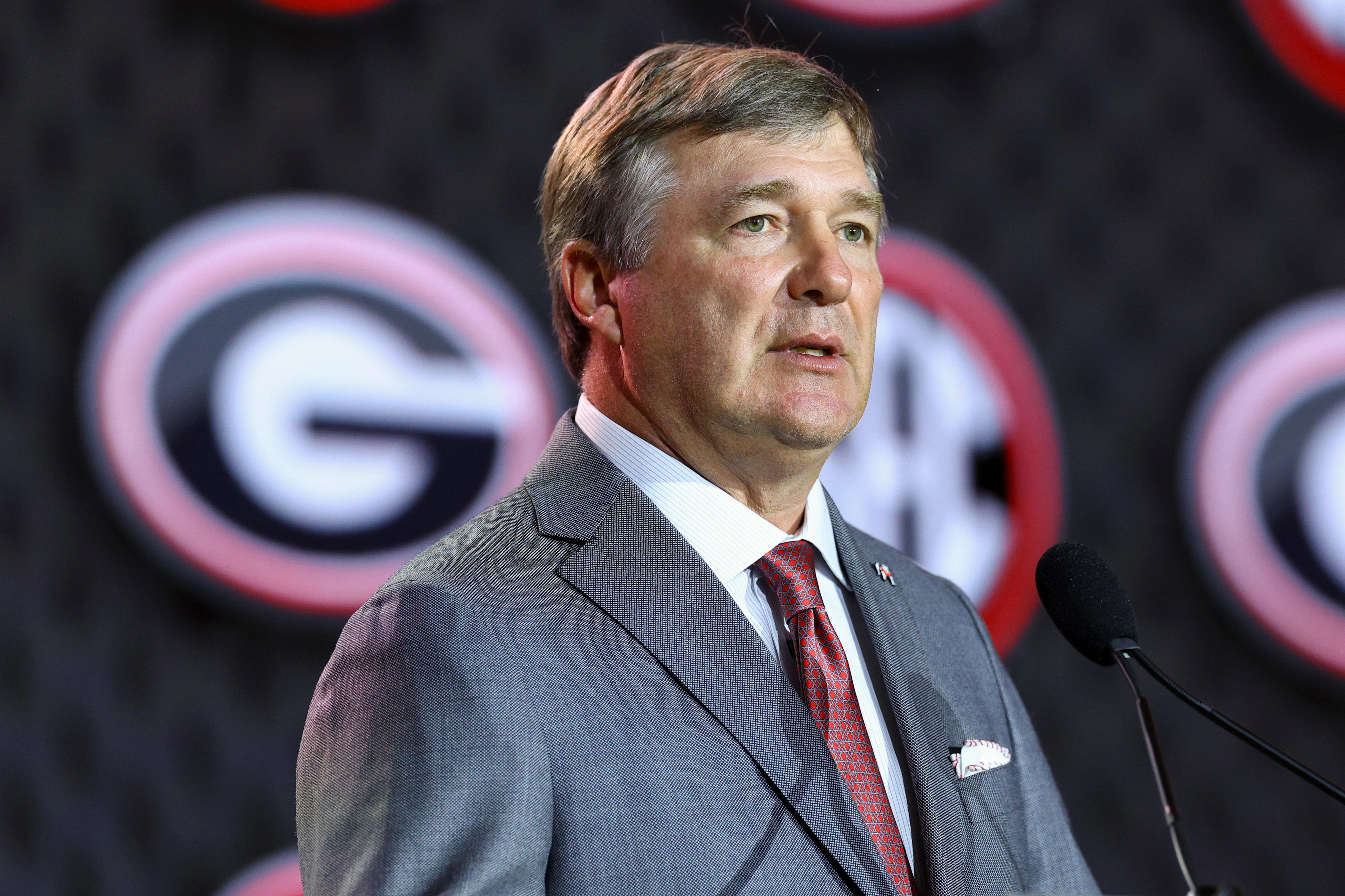 July 21, 2026; Tampa, Florida; Georgia Bulldogs head coach Kirby Smart speaks to the press during SEC Football Kickoff Media Day at the Tampa Marriott.
