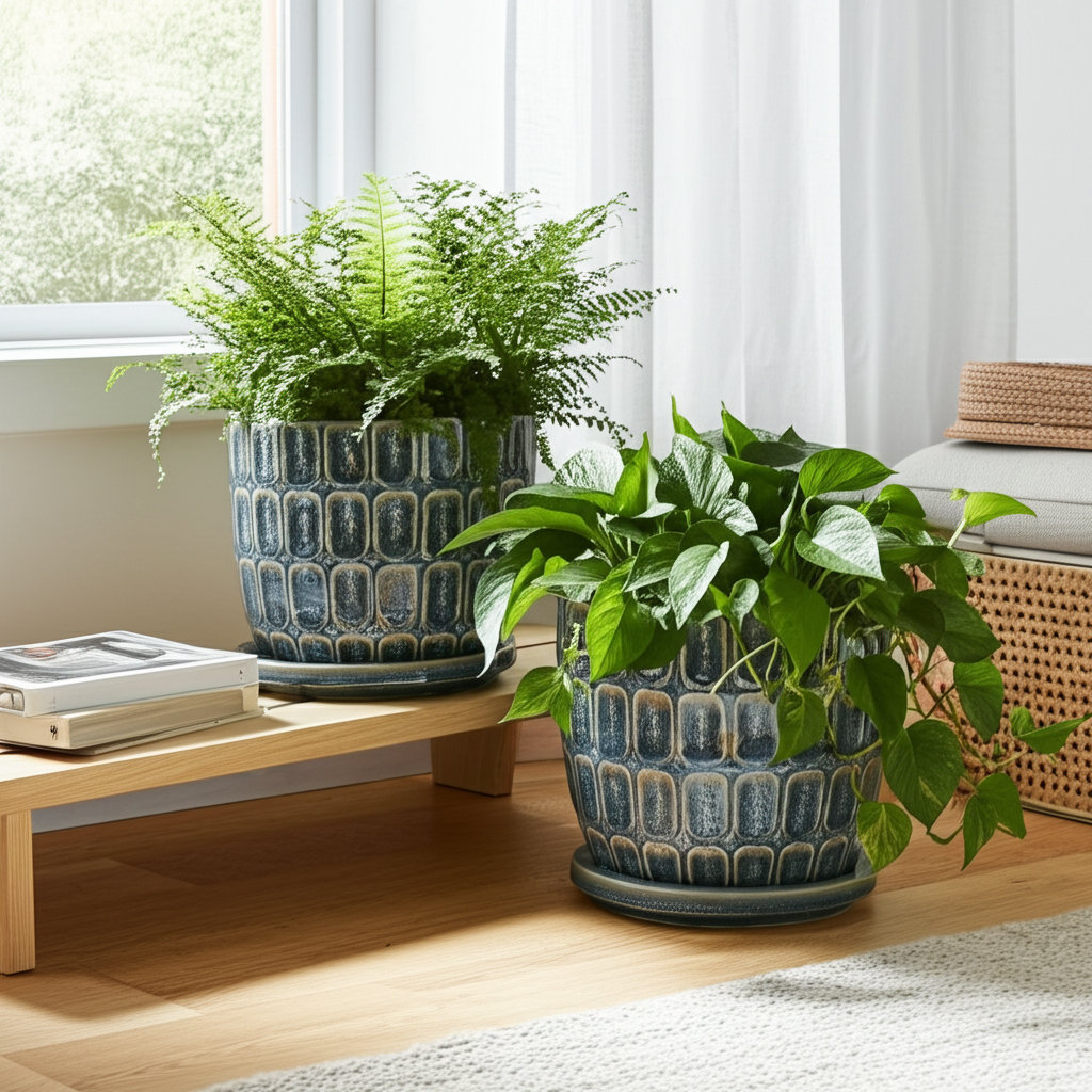 Winston Porter Stoneware and Ceramic Saucer Planters With Embossed Geometric Texture, Modern Decorative Design, Stylish Round Form, Versatile Display Accent, Set of 2 & Reviews | Wayfair