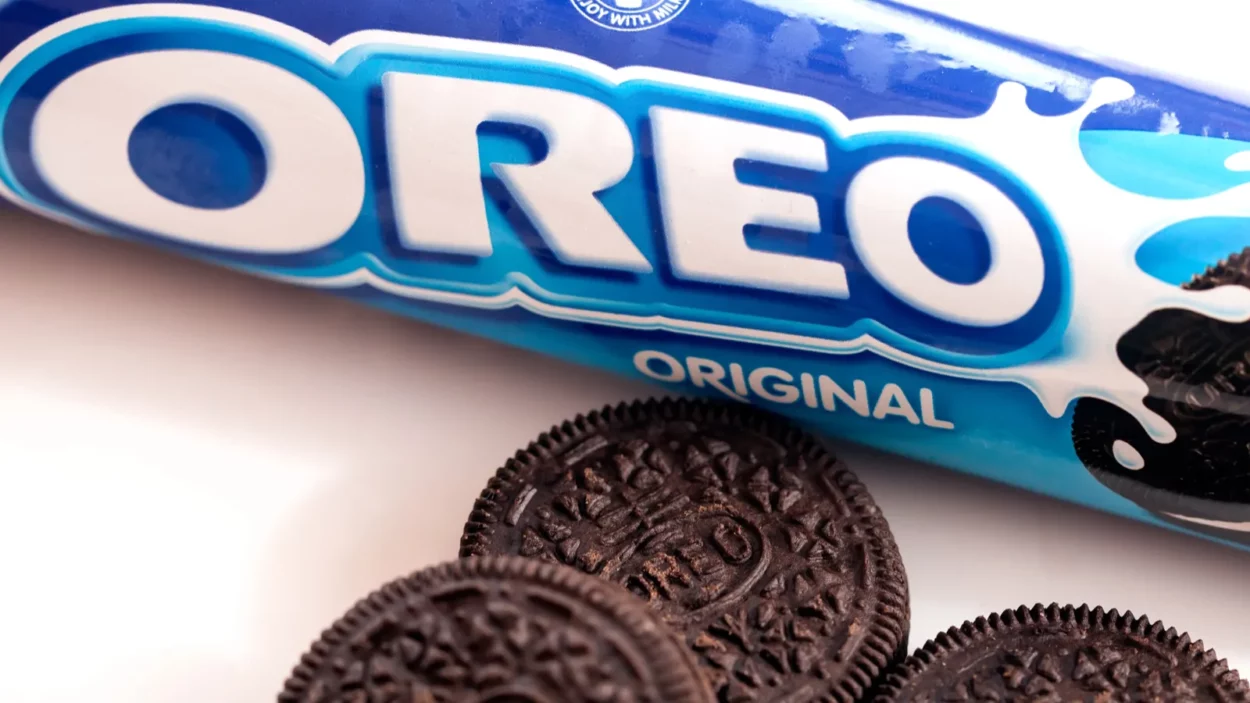 Oreo cookies on white table.