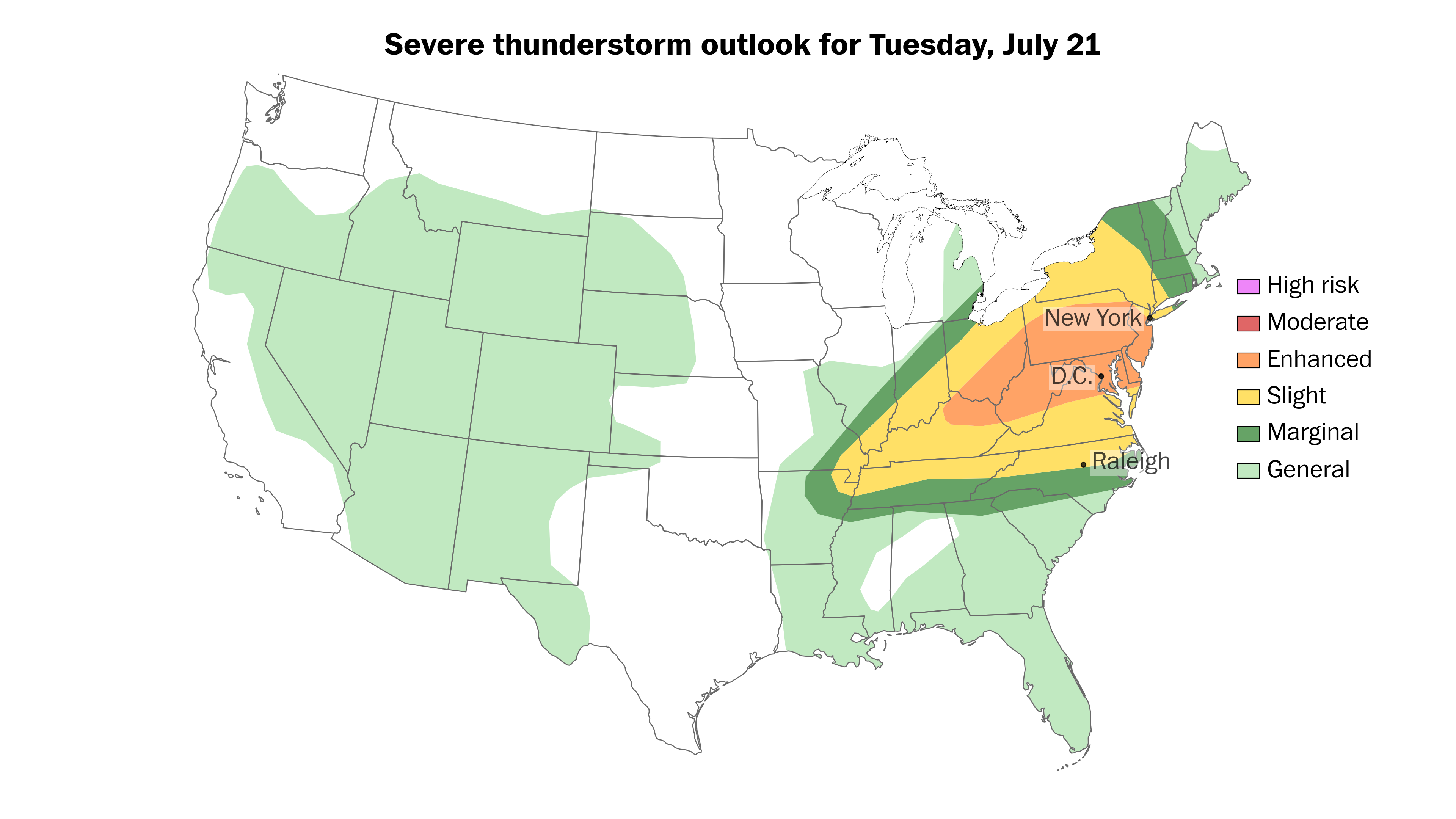 Thunderstorms and high winds expected from the Ohio Valley to the Mid-Atlantic
