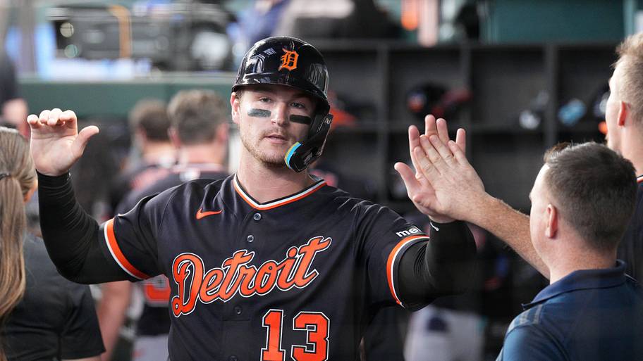 Detroit Tigers catcher Dillon Dingler is greeted in the dugout.