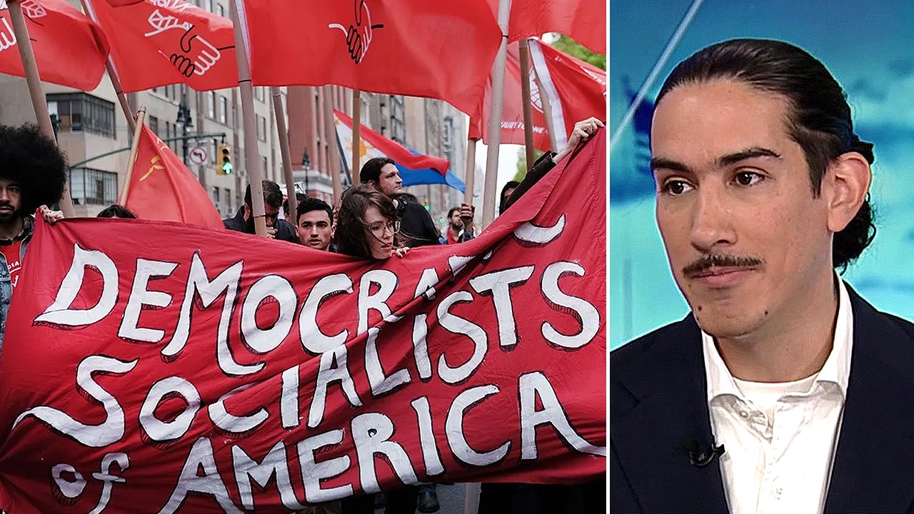Members of the Democratic Socialists of America gather outside of a Trump owned building during a May Day rally in New York City in 2019. (left); Gustavo Gordillo sits in-studio on 