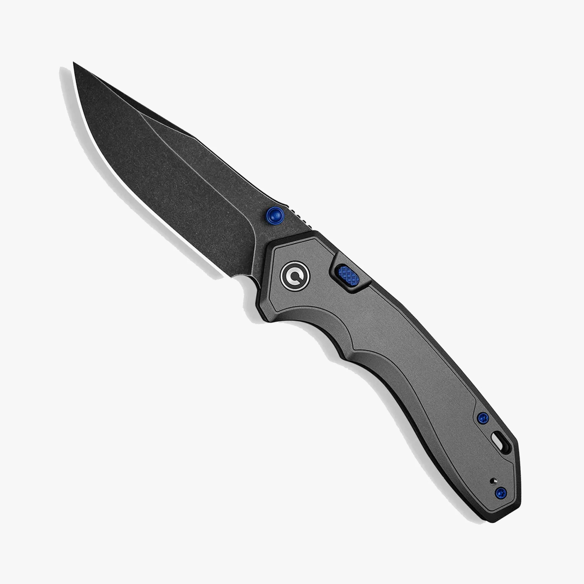 Black folding knife with textured blade and gray handle featuring blue accents and a circular logo.