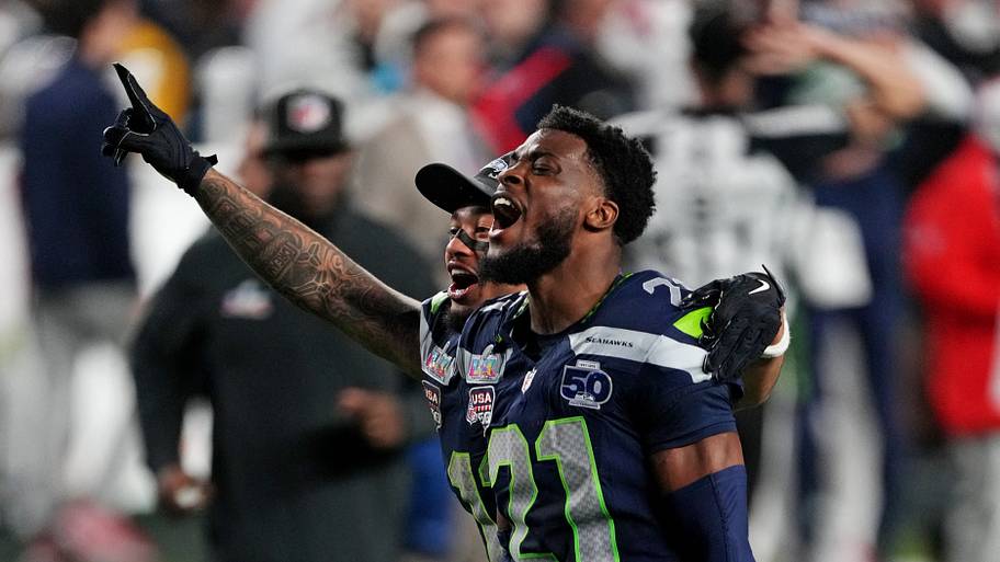 Seattle Seahawks cornerback Devon Witherspoon celebrates after a play against the New England Patriots..