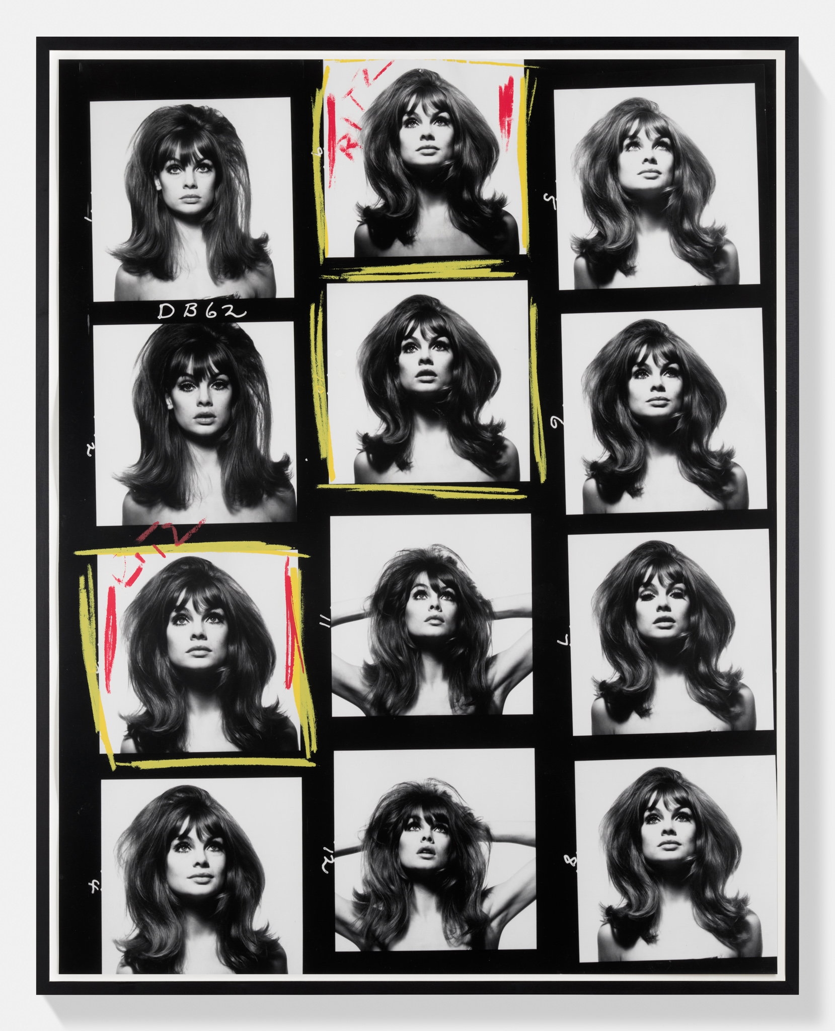 A framed contact sheet of twelve Jean Shrimpton portraits with tousled hair, several frames marked with red and yellow grease pencil including the word