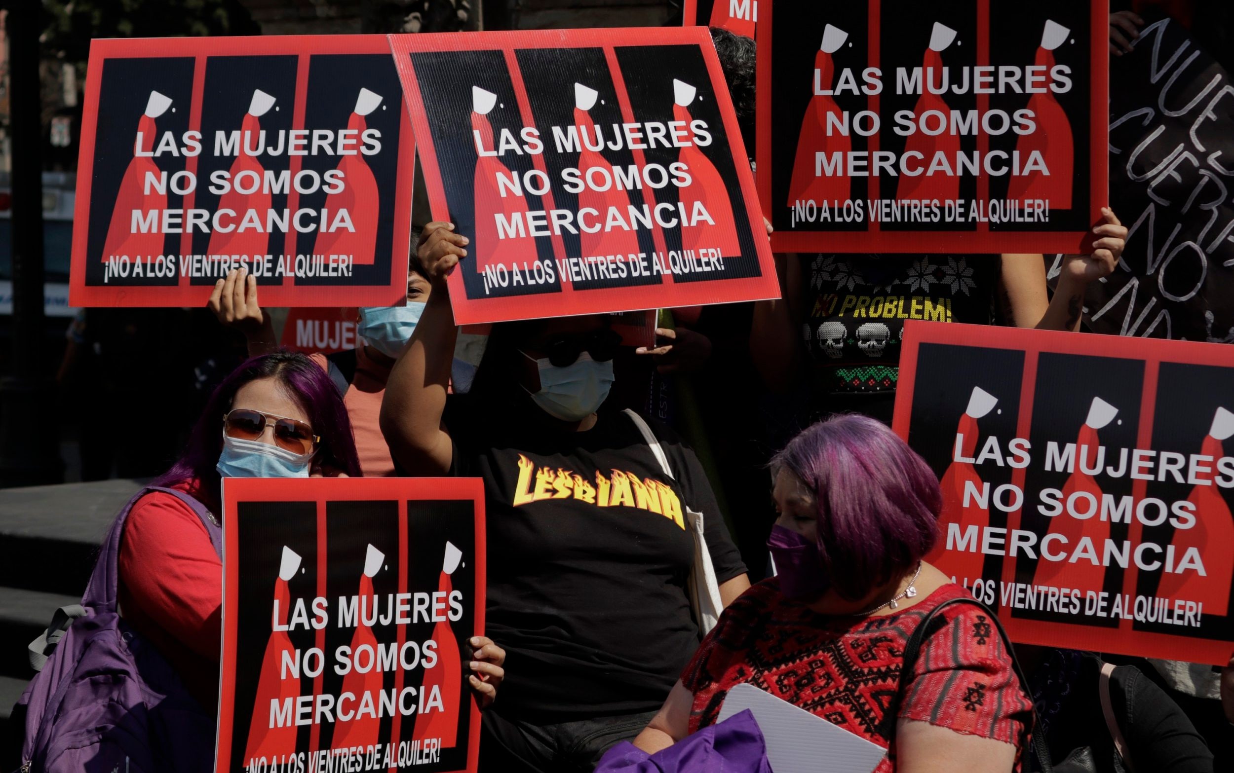 Feminists in Mexico City hold placards saying 'women are not for sale' as they protest against plans to recognise surrogate motherhood as a right