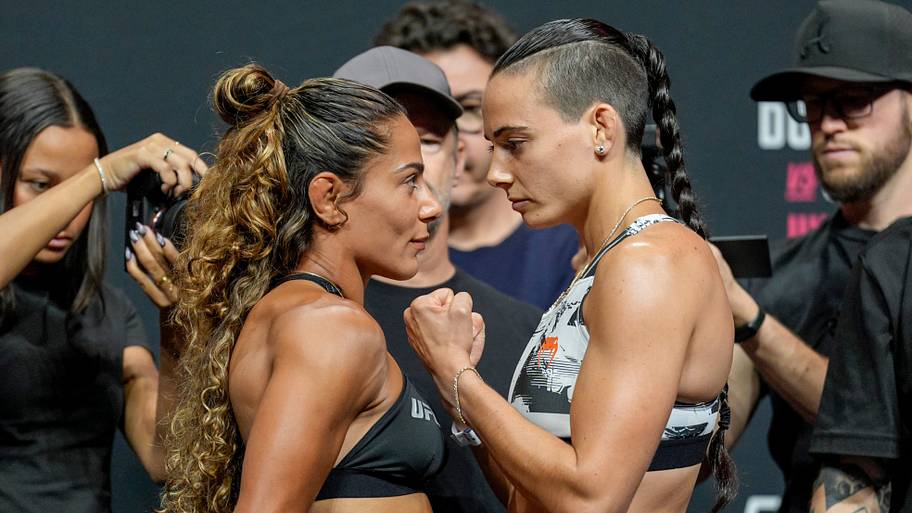 Tabatha Ricci (left) and Fatima Kline (right) during the ceremonial weigh-in for UFC Fight Night at Paycom Center in Oklahoma