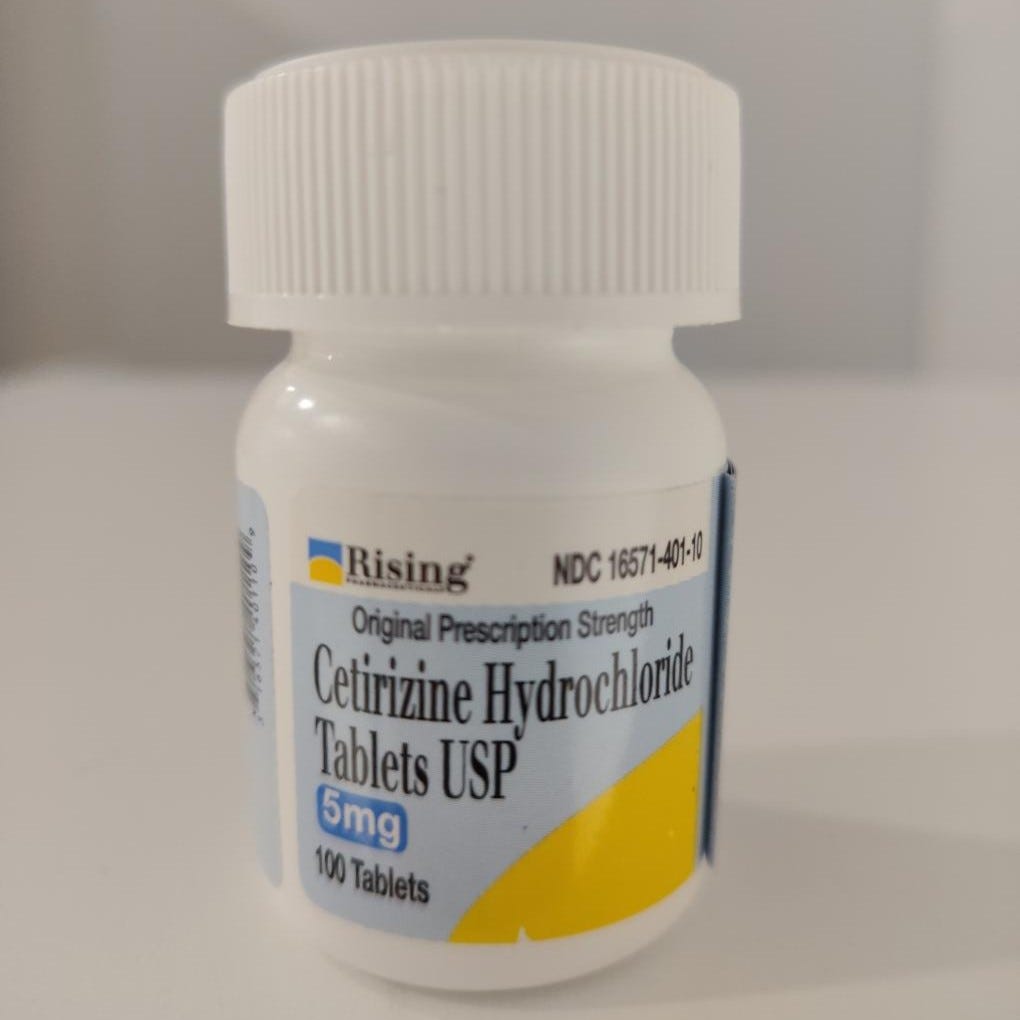 A bottle of cetirizine hydrochloride tablets, manufactured and recalled by Unique Pharmaceutical Laboratories.