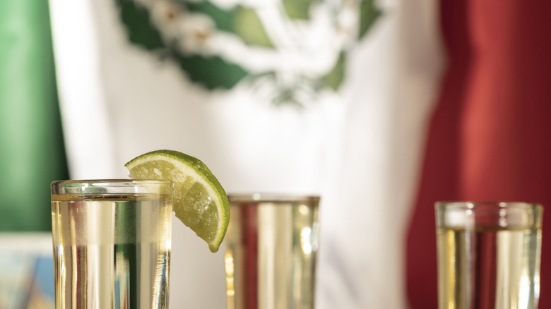 Shots of tequila in front of the Mexican flag