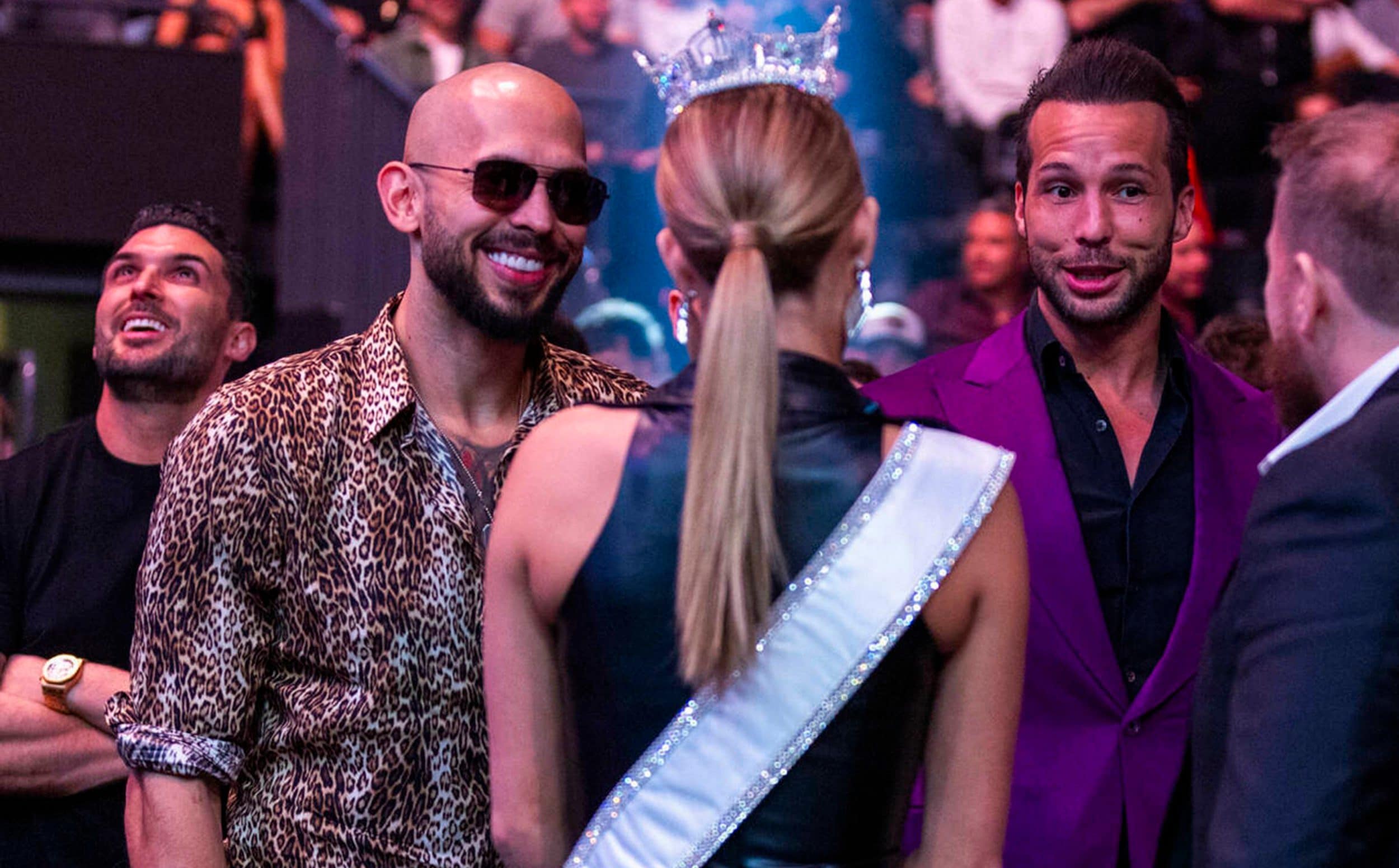 Andrew and Tristan Tate talk with Miss America Abbie Stockard in the T-Mobile Arena in March 2025, in Las Vegas