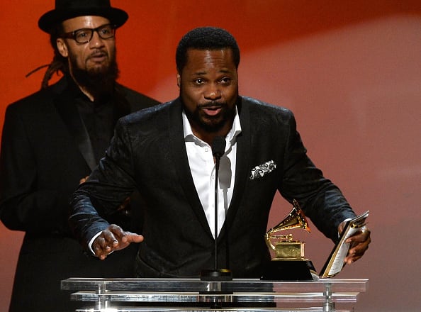 LOS ANGELES, CA - FEBRUARY 08: Musician Malcolm-Jamal Warner (C) accepts Best Traditional R&B Song for 'Jesus Children' onstage during the The 57th Annual GRAMMY Awards Premiere Ceremony at Nokia Theatre L.A. Live on February 8, 2015 in Los Angeles, California. (Photo by Kevork Djansezian/Getty Images)