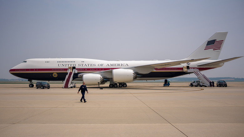 Air Force One is visible on the tarmac before U.S. President Donald Trump arrives on July 17, 2026 at Joint Base Andrews, Maryland. Trump is traveling to New York City for a FIFA reception and then on to Bedminster, New Jersey.