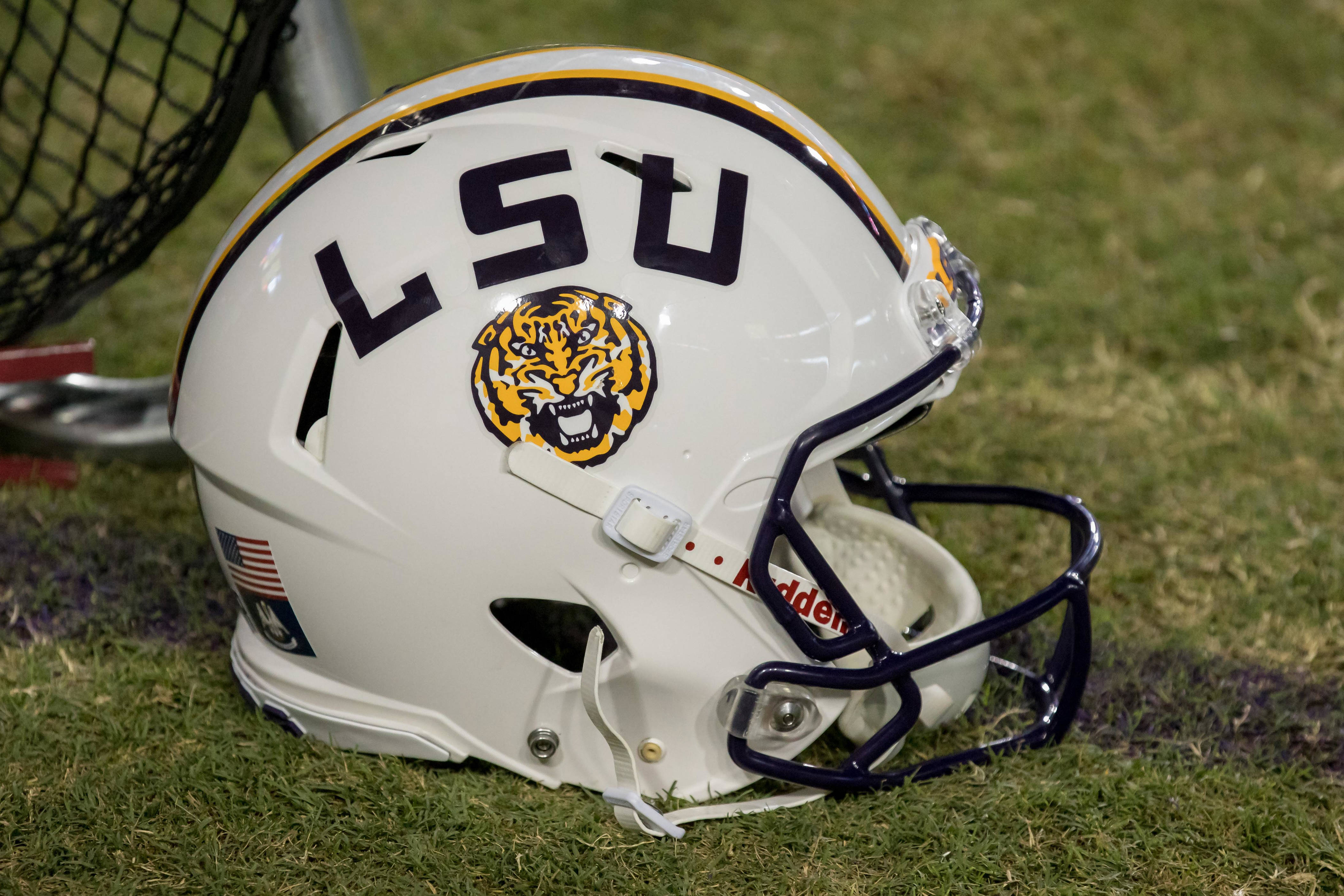 Sep 30, 2017; Baton Rouge, LA, USA; LSU Tigers helmet during the game between the LSU Tigers and the Troy Trojans at Tiger Stadium. Troy Trojans won 24-21. Mandatory Credit: Stephen Lew-USA TODAY Sports
