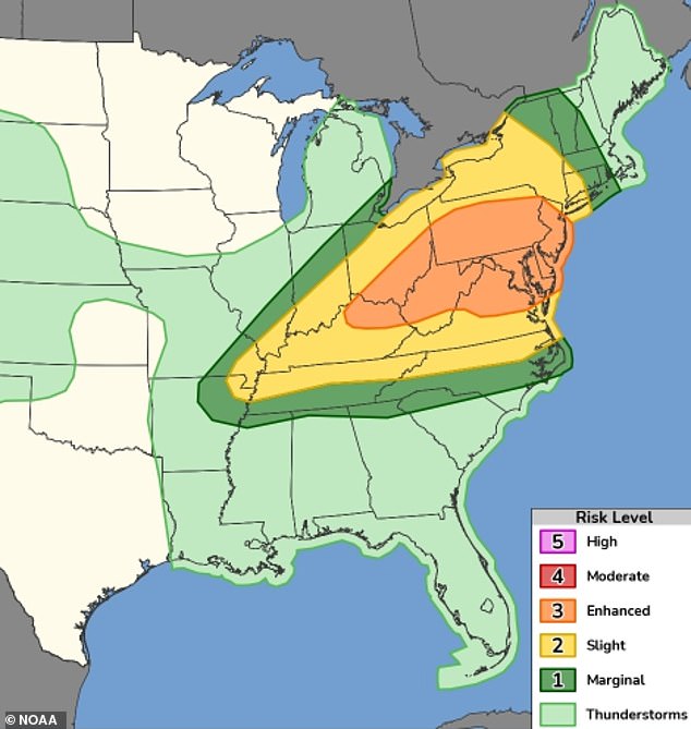 The National Weather Service has warned of severe thunderstorms affecting 50 million people on Tuesday