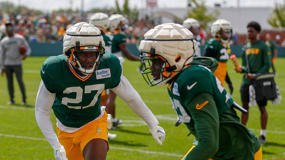 Green Bay Packers safety Kitan Oladapo (27) is entering his third season. Who will join him on the depth chart?