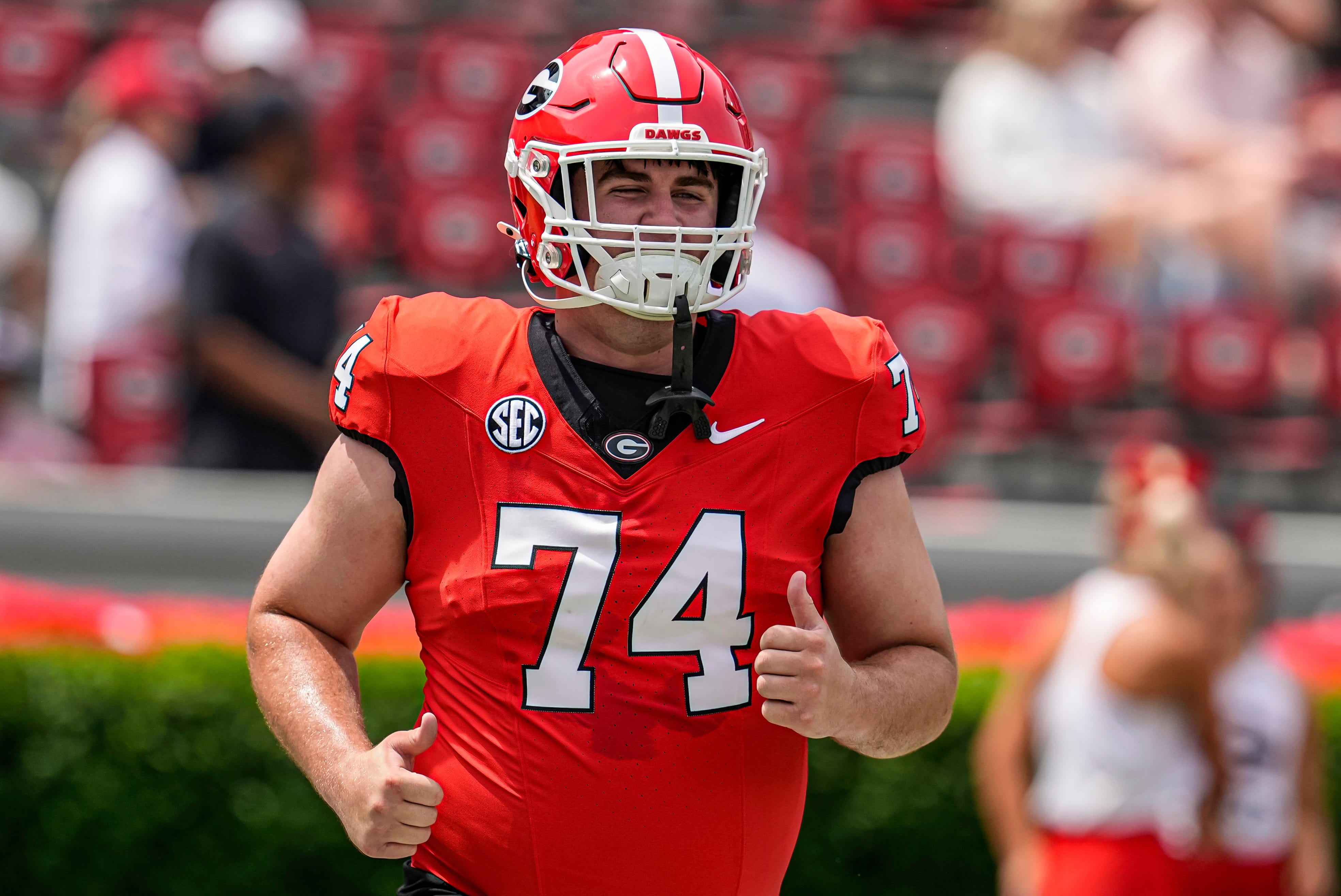 Apr 18, 2026; Athens, GA, USA; Georgia Bulldogs center Drew Bobo (74) runs during the Georgia Spring football game at Sanford Stadium. Mandatory Credit: Dale Zanine-Imagn Images