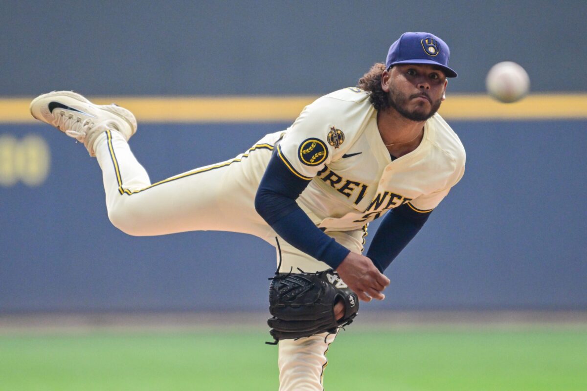 Aug 12, 2025; Milwaukee, Wisconsin, USA; Milwaukee starting pitcher Peralta (51) throws a pitch in the first inning against the Pittsburgh Pirates at American Family Field. Mandatory Credit: Benny Sieu-Imagn Images