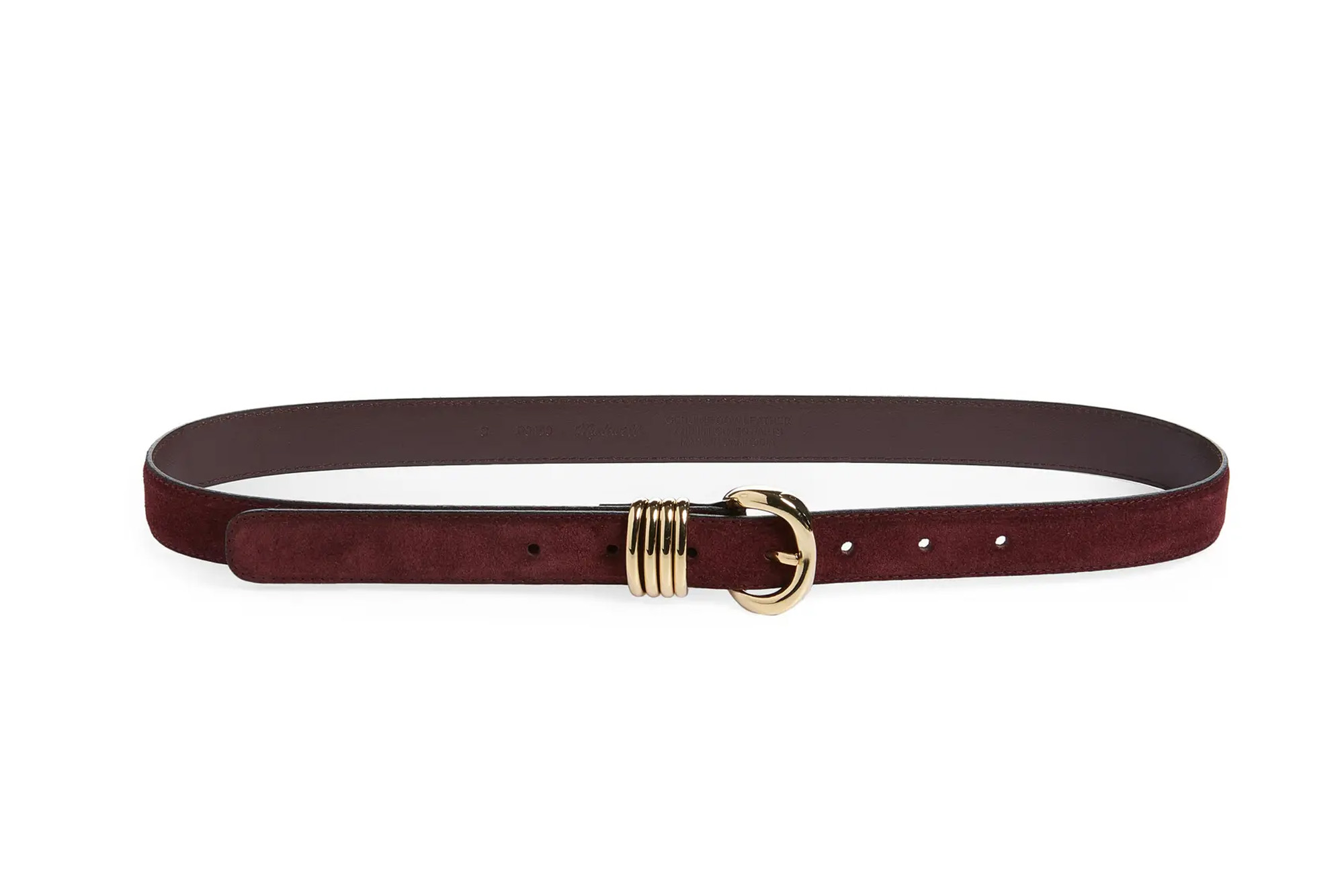 Burgundy suede belt with a gold buckle and five rings.