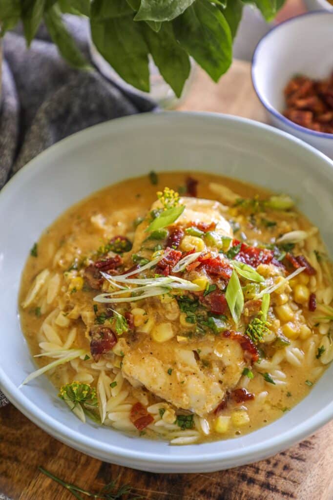 Coconut Corn Chowder Poached Cod