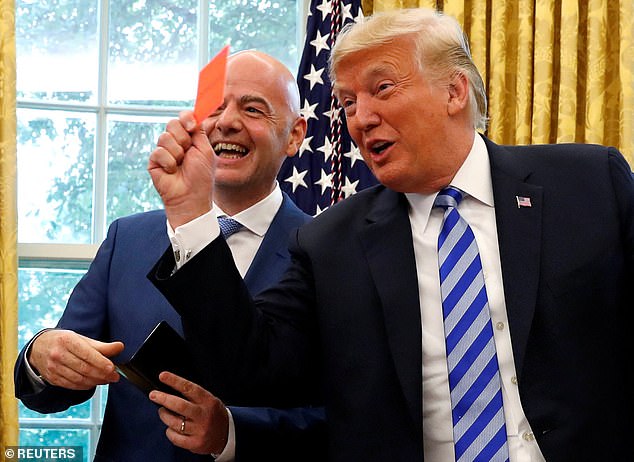 But Trump, pictured with Gianni Infantino in 2018, called the FIFA boss to ask him to review Balogun's red card before it was overturned