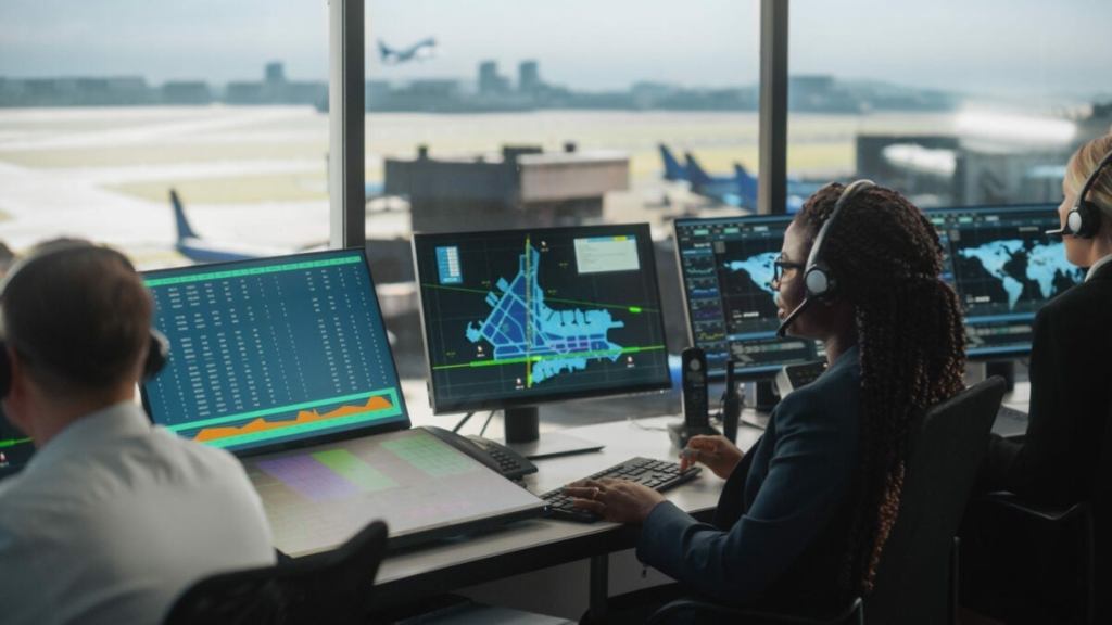 air traffic controllers direct traffic from a control tower