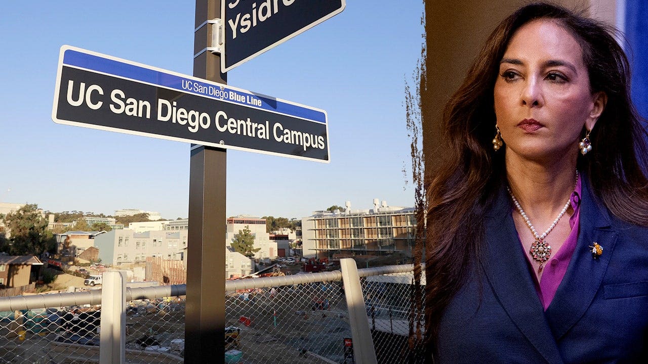A split image showing the UC San Diego central campus stop on the MTS Mid-Coast Extension Blue Line in San Diego, California, on Oct. 14, 2021 (left), and Assistant Attorney General for Civil Rights Harmeet Dhillon arriving for a news conference at the Justice Department in Washington, D.C., on Sept. 29, 2025 (right).