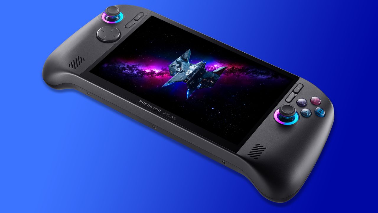 An Acer Predator Atlas 8 handheld gaming PC on a blue background.