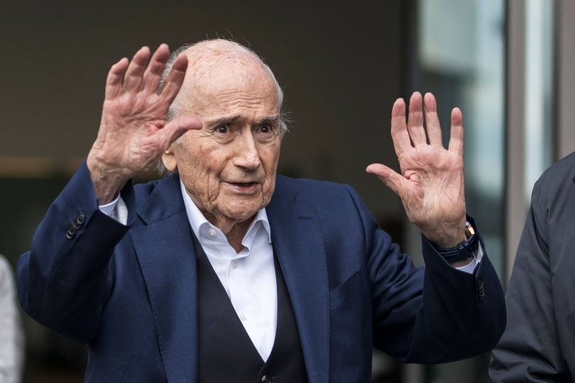 Former FIFA president Sepp Blatter reacts as he leaves the courthouse after the verdict of an appeal by Swiss Attorney General's office against former UEFA and FIFA presidents over a suspected fraudulent payment, in Muttenz near Basel, on March 25, 2025. Former FIFA president Sepp Blatter and ex-UEFA chief Michel Platini were acquitted again on March 25, 2025 on appeal by a Swiss court in a long-running corruption case. (Photo by Fabrice COFFRINI / AFP) (Photo by FABRICE COFFRINI/AFP via Getty Images)