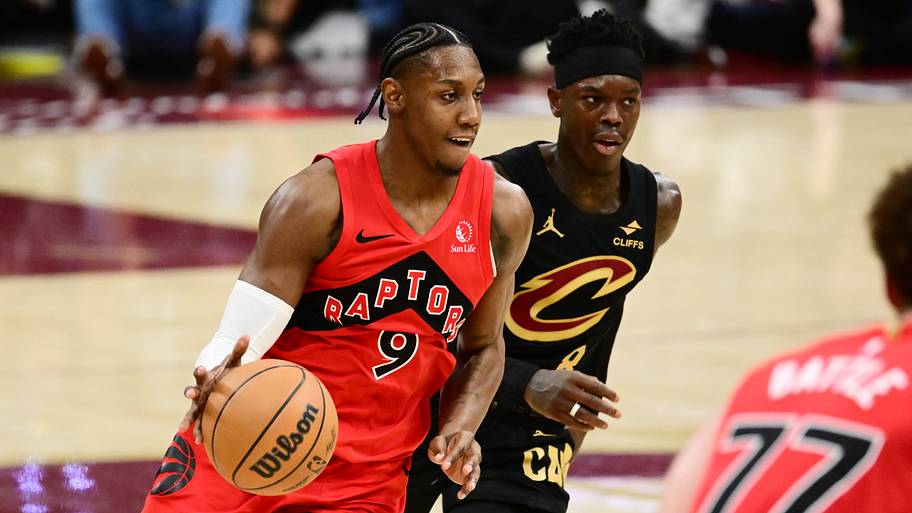 May 3, 2026; Cleveland, Ohio, USA; Toronto Raptors forward RJ Barrett (9) drives to the basket against Cleveland Cavaliers.