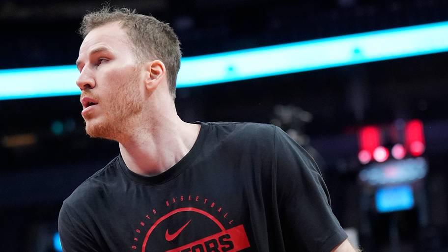 Apr 23, 2026; Toronto, Ontario, CAN; Toronto Raptors center Jakob Poeltl (19) during warm up before game three.