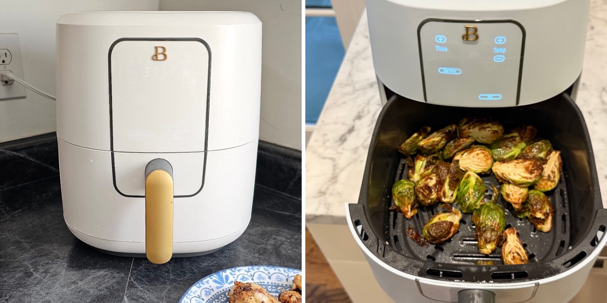 Beautiful by Drew Barrymore 6-quart air fryer shown closed and open with roasted Brussels sprouts in the basket on kitchen countertops.