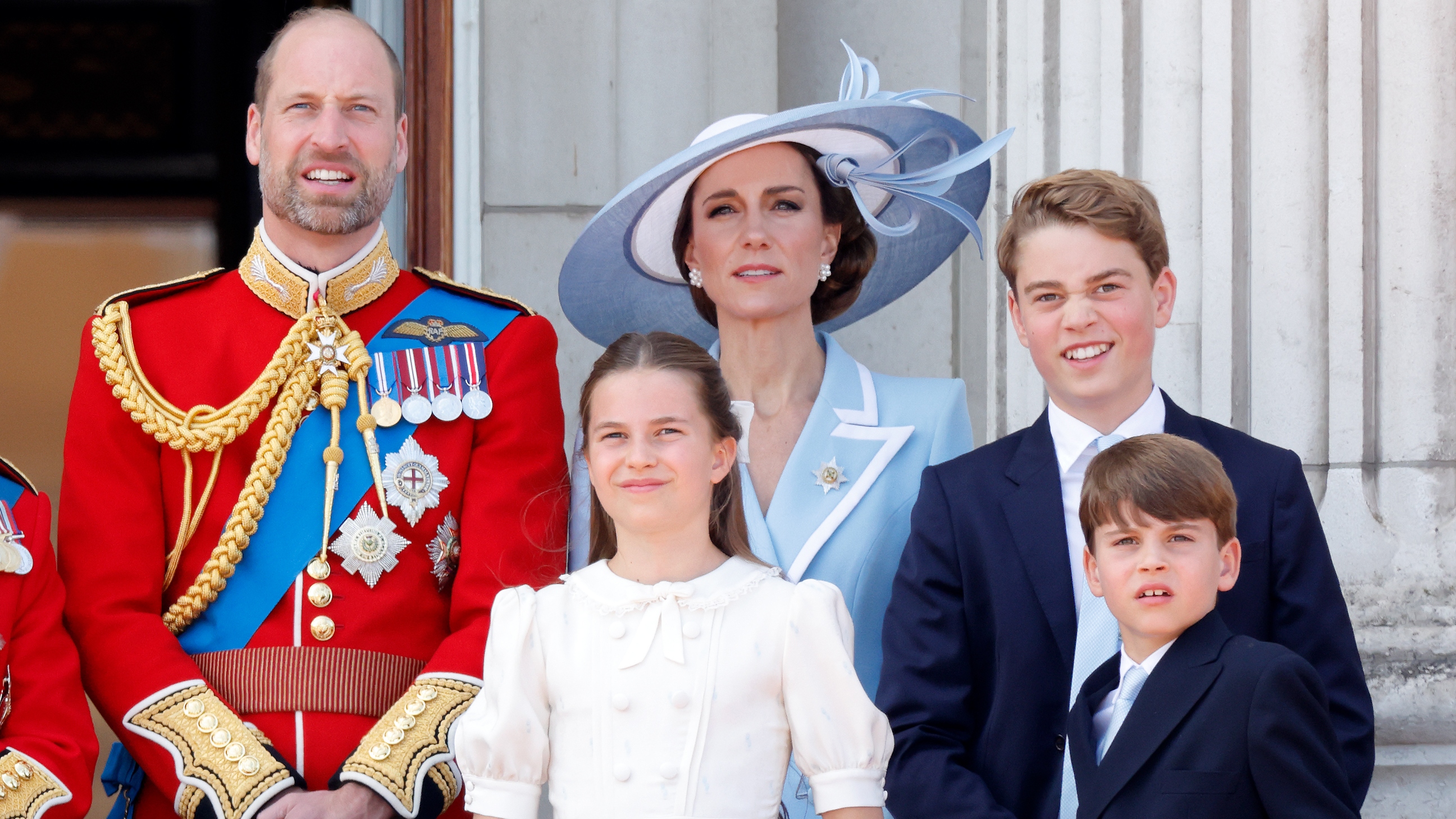 Prince William, Catherine, Princess of Wales, Princess Charlotte, Prince George and Prince Louis watch an RAF flypast from the balcony of Buckingham Palace after Trooping The Colour 2026