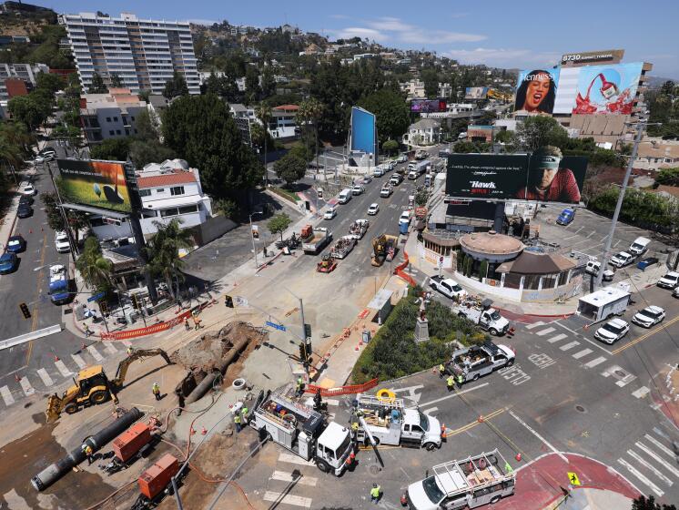 An aerial view of the broken water main on Sunset Boulevard on Friday.