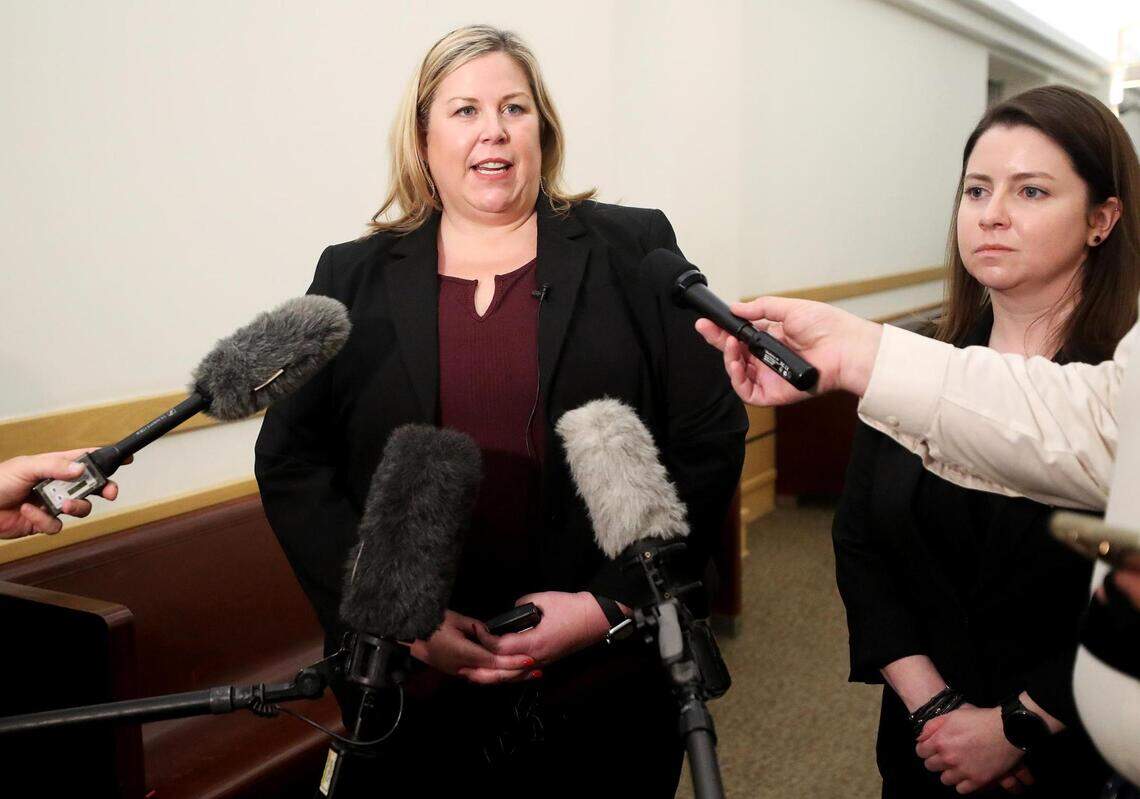 Kim D’Avignon, a Tarrant County prosecutor, talks to media after the conclusion of the capital murder trial of Glen McCurley on Tuesday, Aug. 24, 2021. McCurley changed his plea from not guilty to guilty and received life in prison for the murder of Carla Walker.
