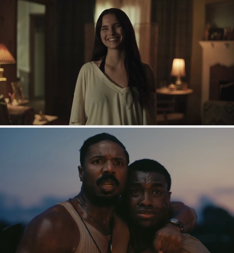 Two scenes from a film or show. Top: Inde Navarrette as Nikki in “Obsession” smiling creepily inside a room. Bottom: Michael B. Jordan as Smoke and Miles Caton as Sammie in “Sinners” looking intense and serious, embracing outdoors at dusk