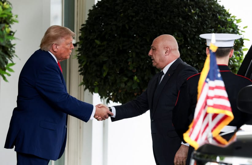 US President Donald Trump shakes hands with Lebanese President Joseph Aoun as he welcomes him to the White House in Washington, DC, US, July 21, 2026. (credit: REUTERS/EVELYN HOCKSTEIN)