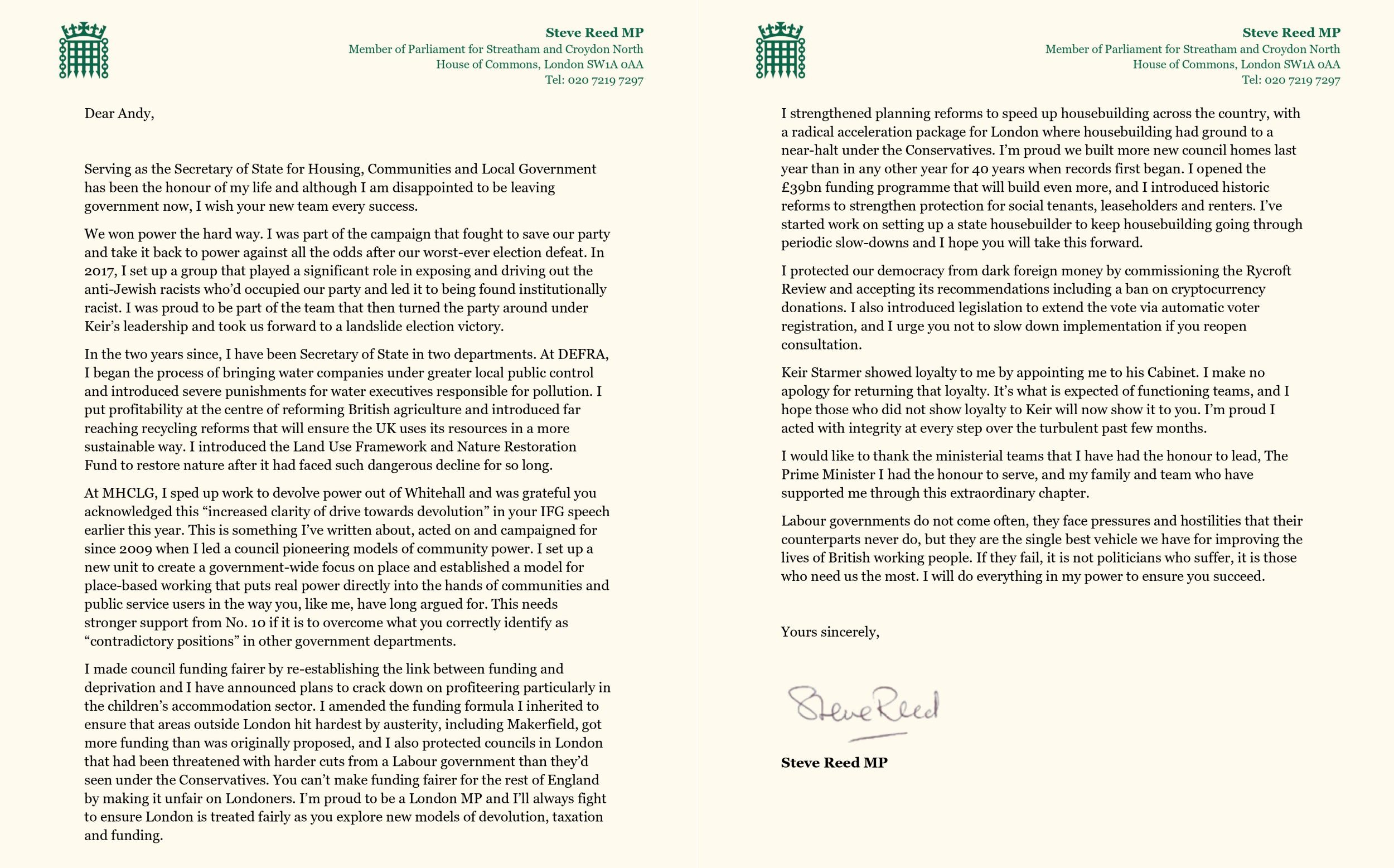 Steve Reed's resignation letter